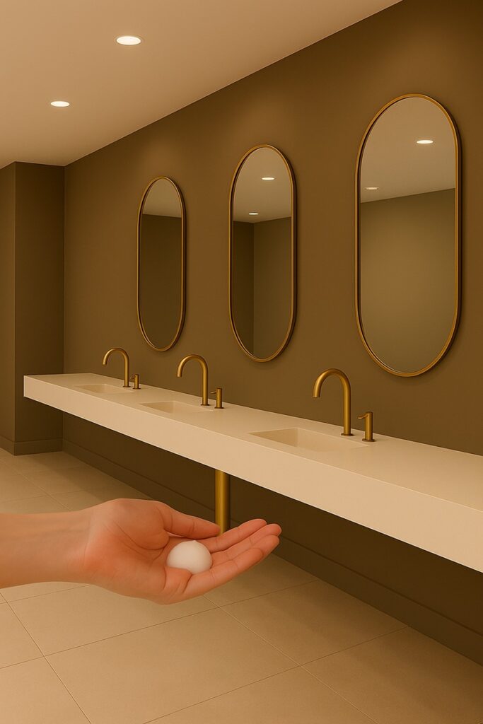 Vertical graphic summarizing top touchless soap and faucet brand selections.