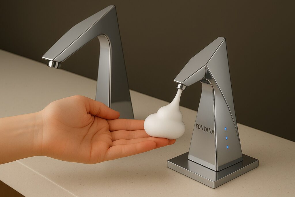 Touchless soap dispensers and faucets on a commercial vanity, with under-counter space for controllers and tanks.