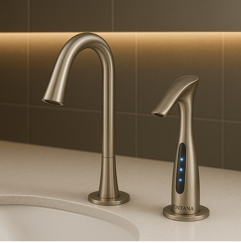 Brand collage showing coordinated touchless faucets and soap dispensers in commercial settings.