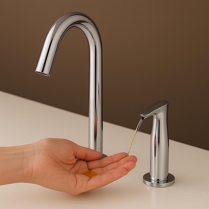 Commercial restroom with touchless fixtures.