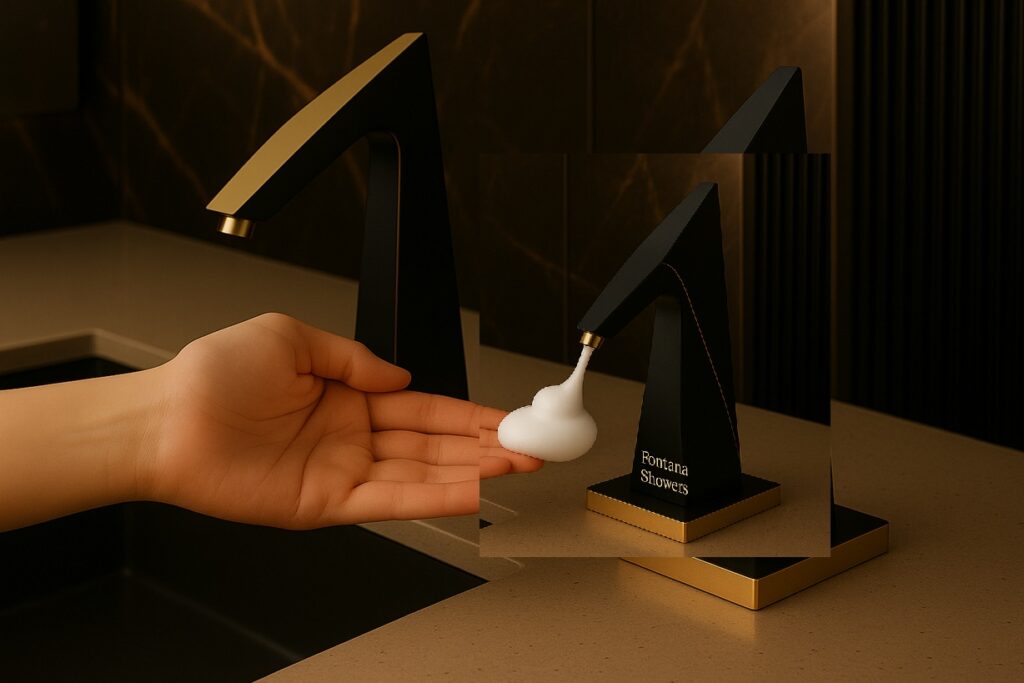 Banner-style image of a commercial vanity with coordinated touchless faucets and automatic soap dispensers.