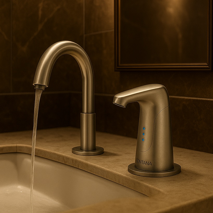 Graphic banner used to showcase advanced touchless soap and faucet solutions.