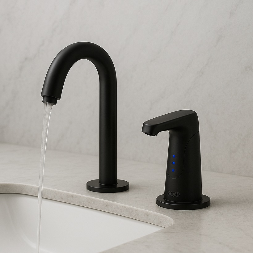 Brand banner for touchless faucet and soap selections.