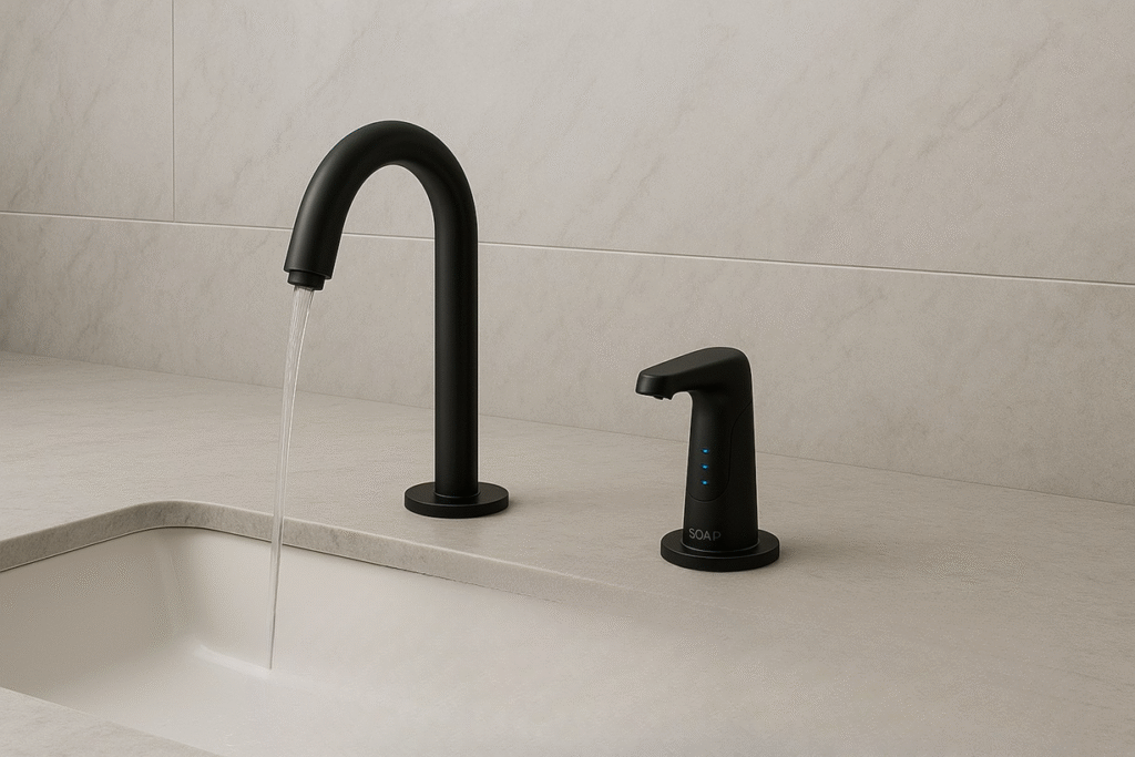 Brand-style banner concept promoting advanced touchless faucet and soap dispenser systems.