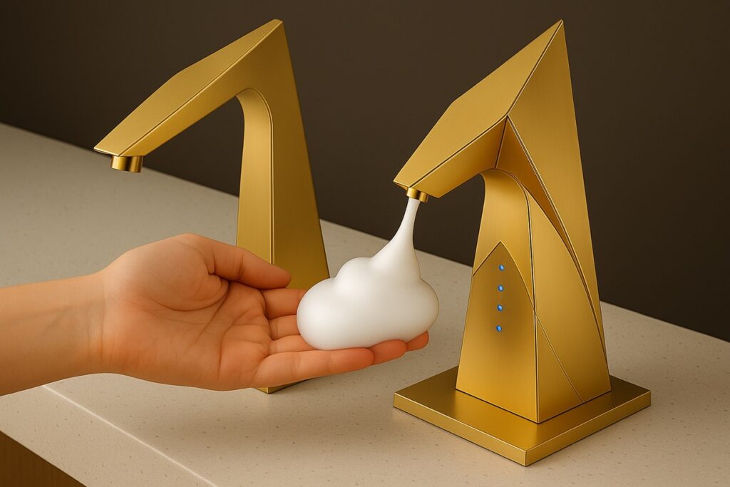 Wide angle of commercial restroom.