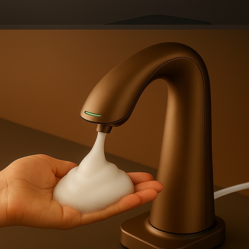 Upscale lavatory bank with deck-mounted automatic soap dispensers.