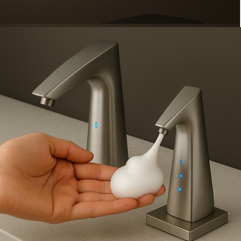 Upscale commercial restroom with premium finishes and touchless soap dispensers.