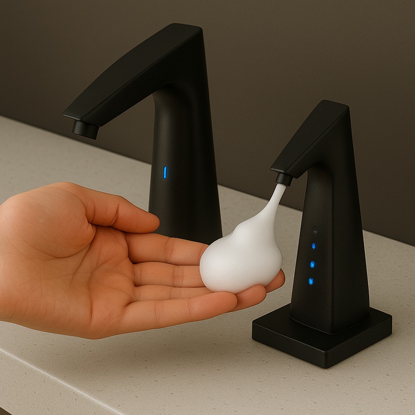 Sloan-style integrated faucet and soap solutions.
