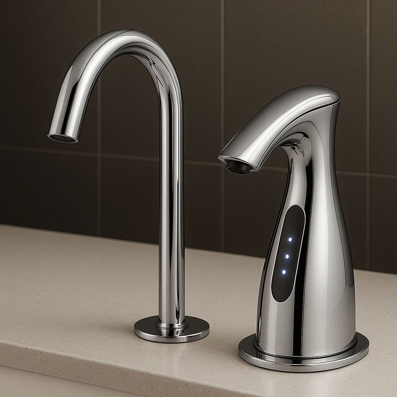 Upscale Fontana-style faucet and dispenser pairing.