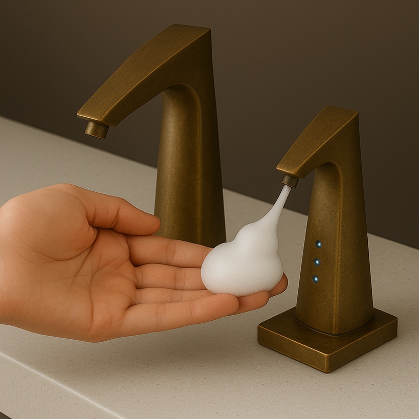 Upscale commercial vanity with auto dispensers.