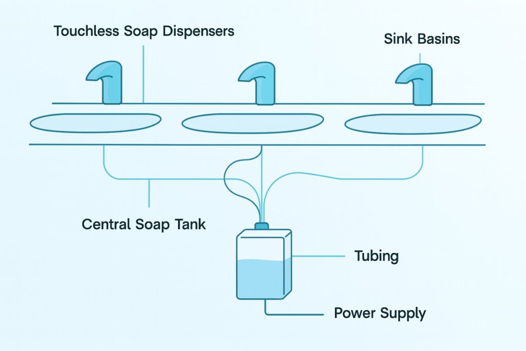 Under-counter multifeed soap reservoir feeding multiple automatic dispensers.