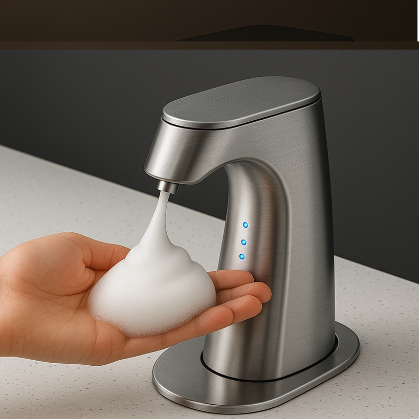 Modern office restroom with wall-mounted automatic soap dispensers and coordinated fixtures.