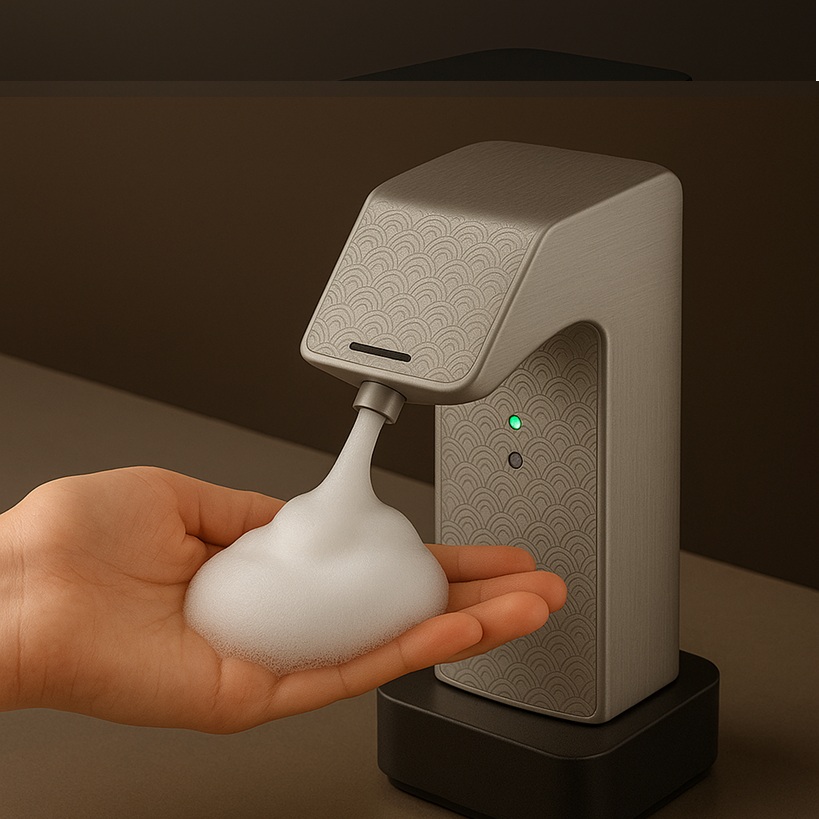 Row of sinks with automatic soap dispensers and touchless faucets in a commercial setting.