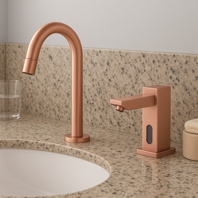 Designer restroom layout with automatic dispensers.