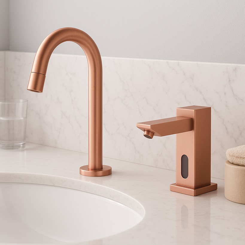 Curved countertop with touchless fixtures.