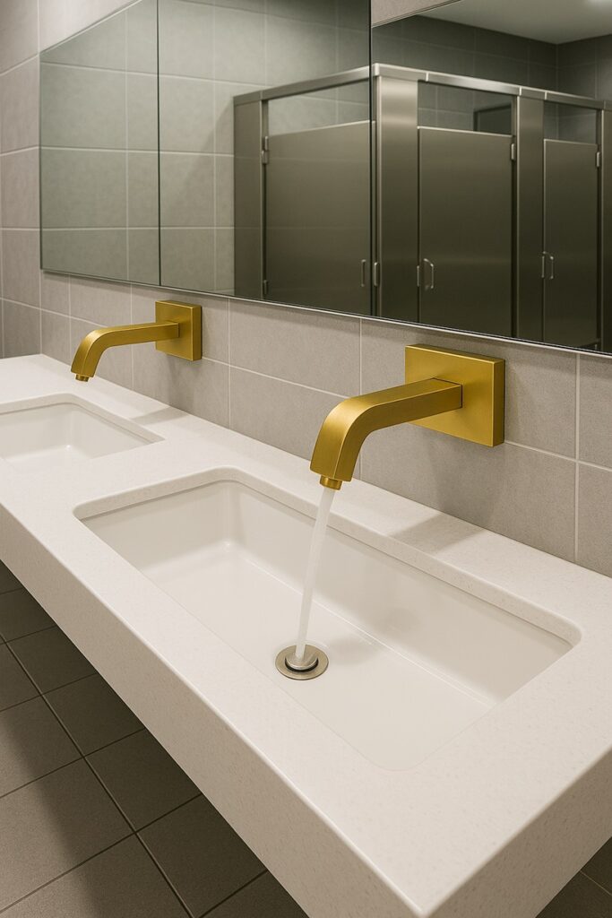 Touchless soap and faucet in luxury setting.