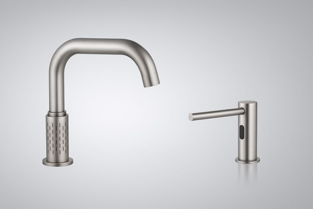 Row of touchless faucets and dispensers.