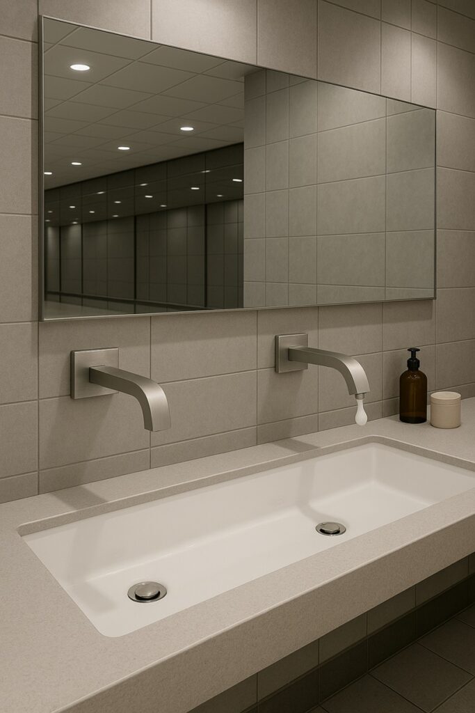 Upscale restroom with touchless fixtures.