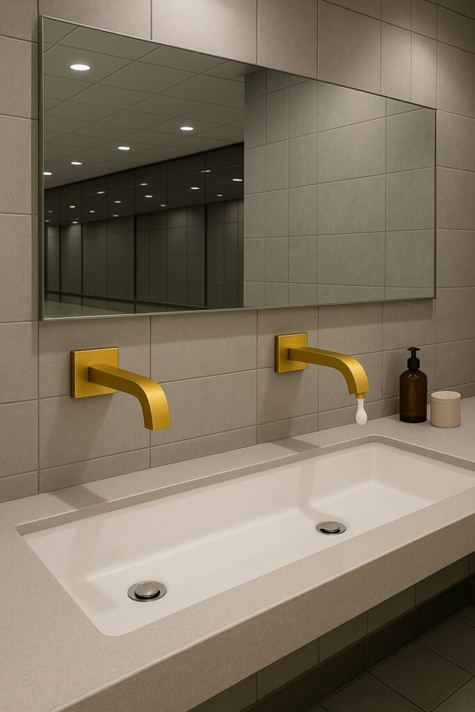 Banner: Elegant hospitality restroom with automatic soap dispensers.