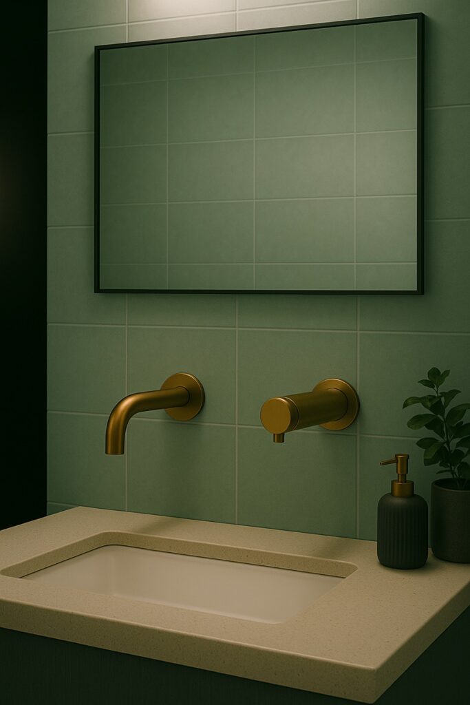 Row of touchless faucet and soap combos.