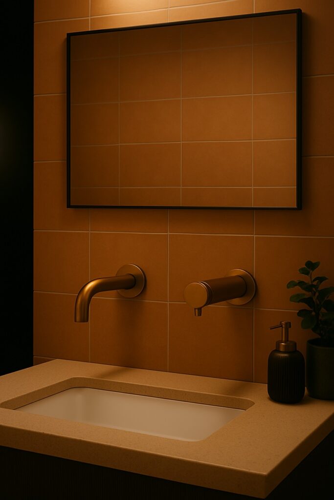 Compact auto dispensers in public restroom.