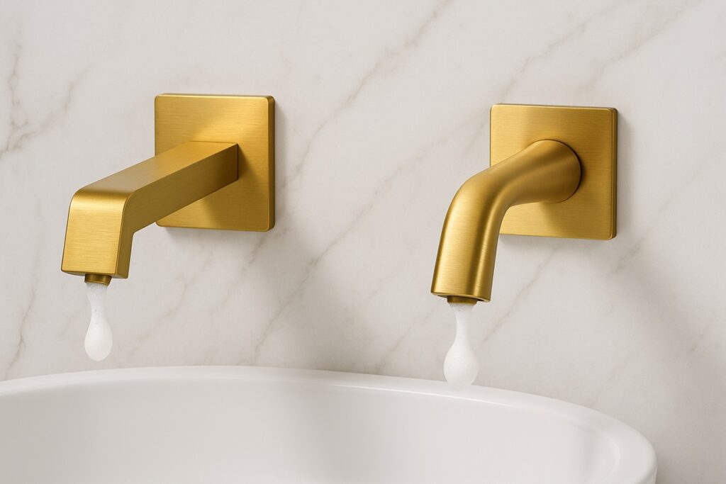 Wide horizontal view of touchless faucets with evenly spaced soap dispensers.
