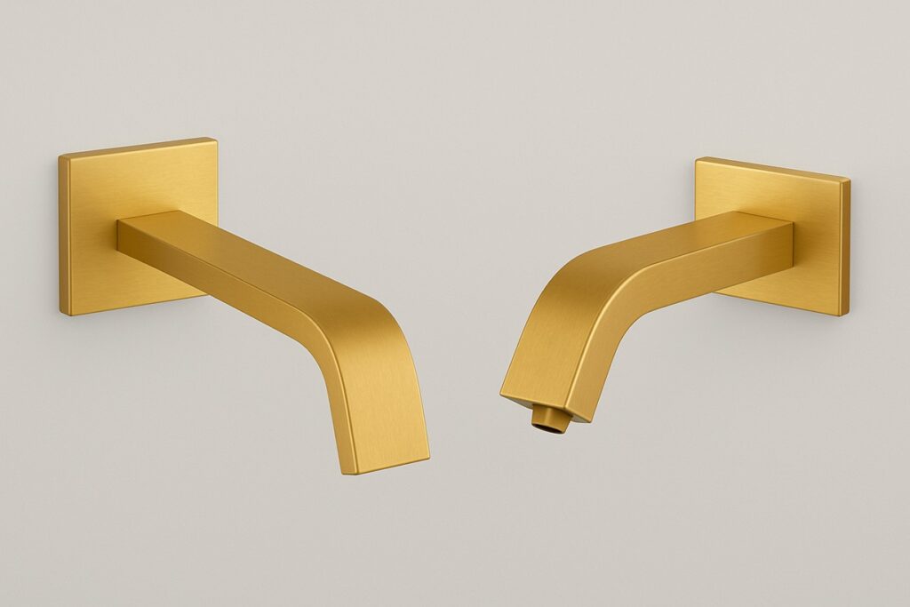 Banner view of a long run of commercial lavatories with touchless faucets and soap dispensers.