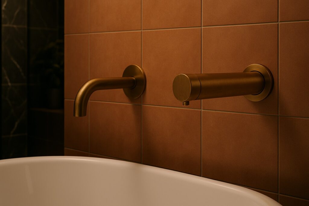 Linear bank of sinks with consistent placement of faucets and automatic soap dispensers.