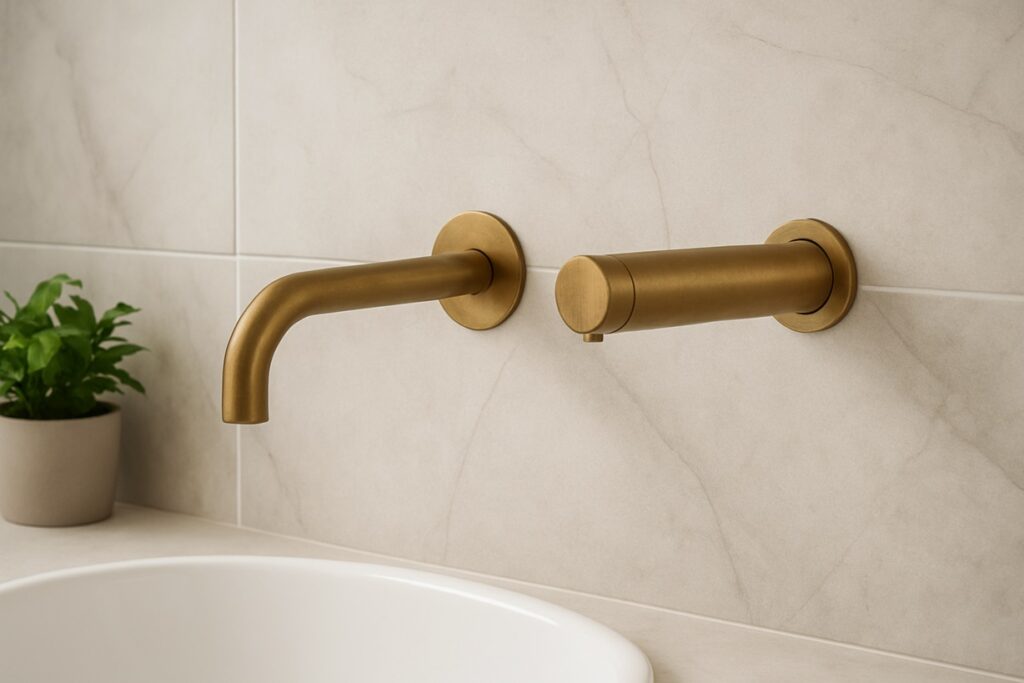 Corporate restroom with multiple touchless faucet and soap dispenser stations.