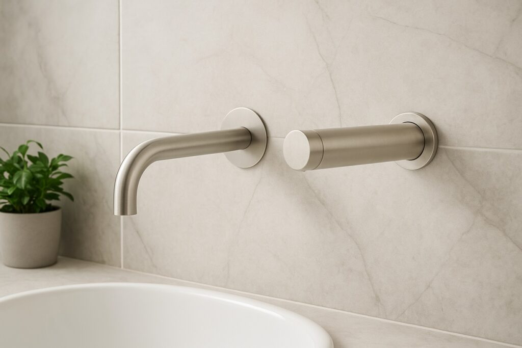 Modern commercial vanity with touchless faucets and automatic soap dispensers in a linear layout.