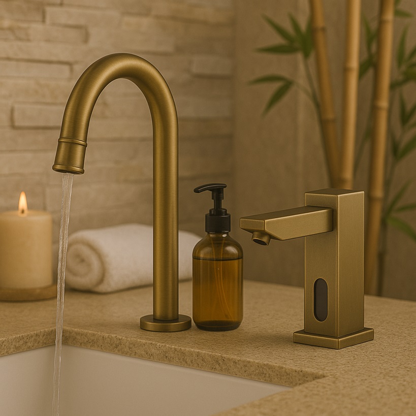 Finish-coordinated auto faucet and soap.