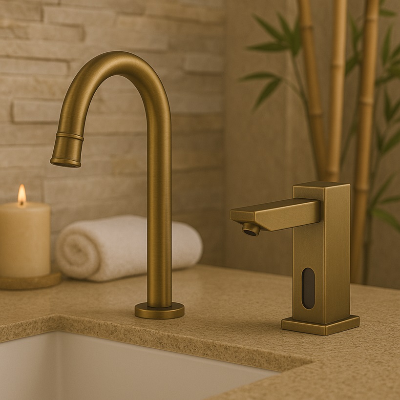 Various faucet spout shapes with matching soap dispensers.