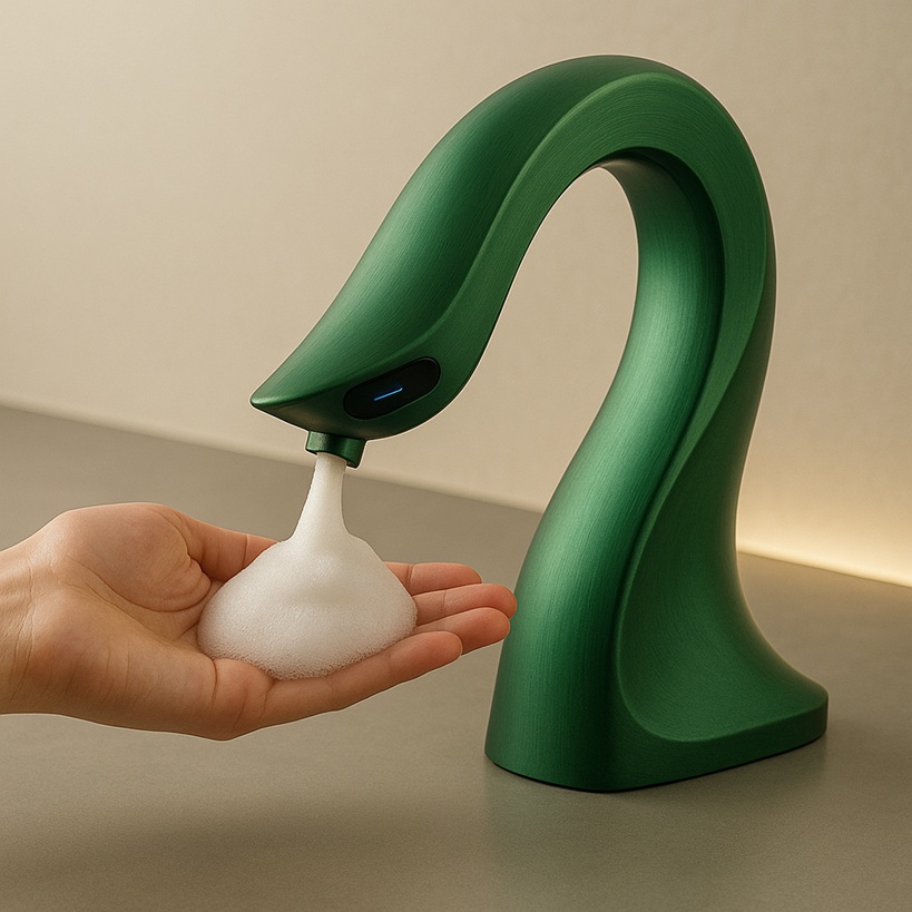 Selection grid illustrating various touchless faucet designs that can be paired with matching soap dispensers.