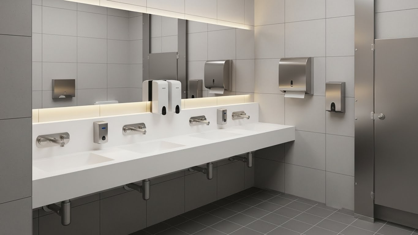 AEC restroom specification context with soap dispensers and coordinated fixtures