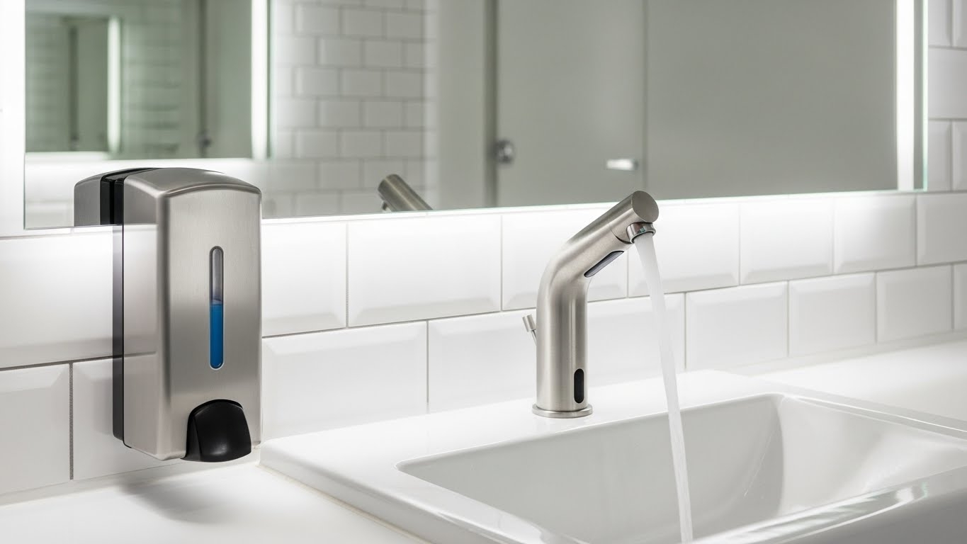 Automatic soap dispenser specified alongside touchless faucet in a commercial restroom