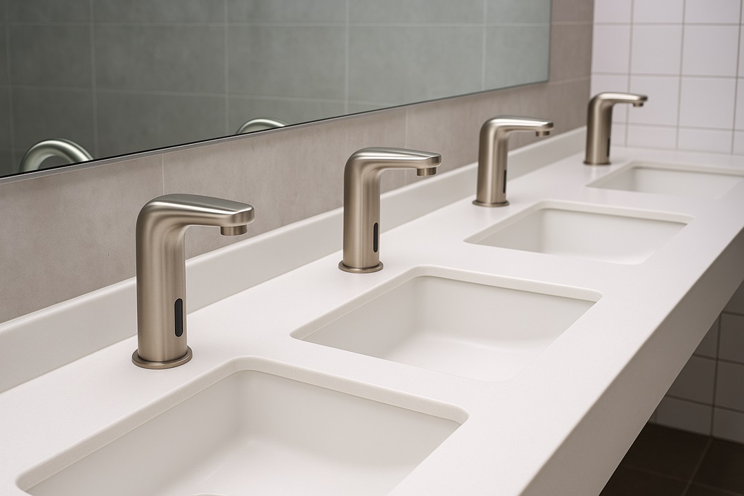 Automatic soap dispensers and touchless faucets in a commercial restroom designed for architects