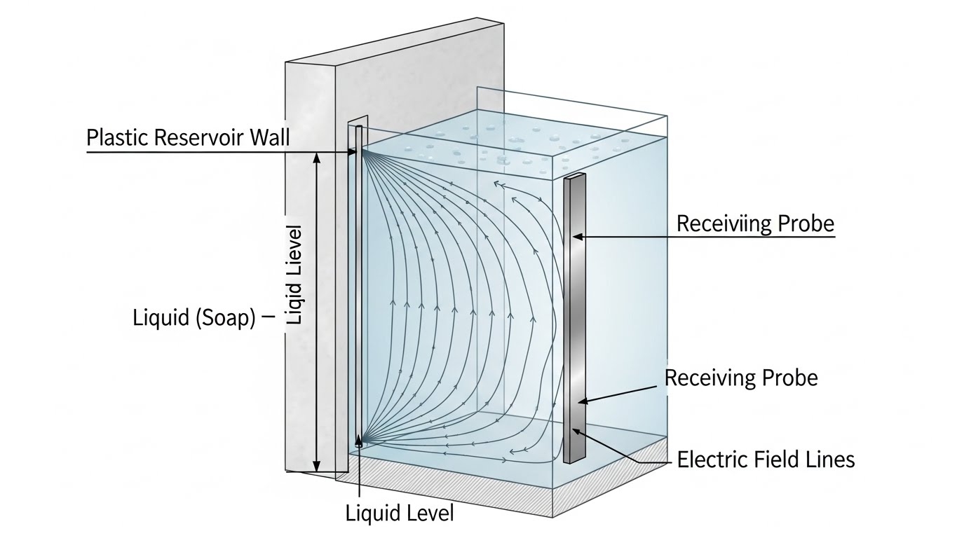 Capacitive level sensing through a plastic soap reservoir wall with probe placement diagram