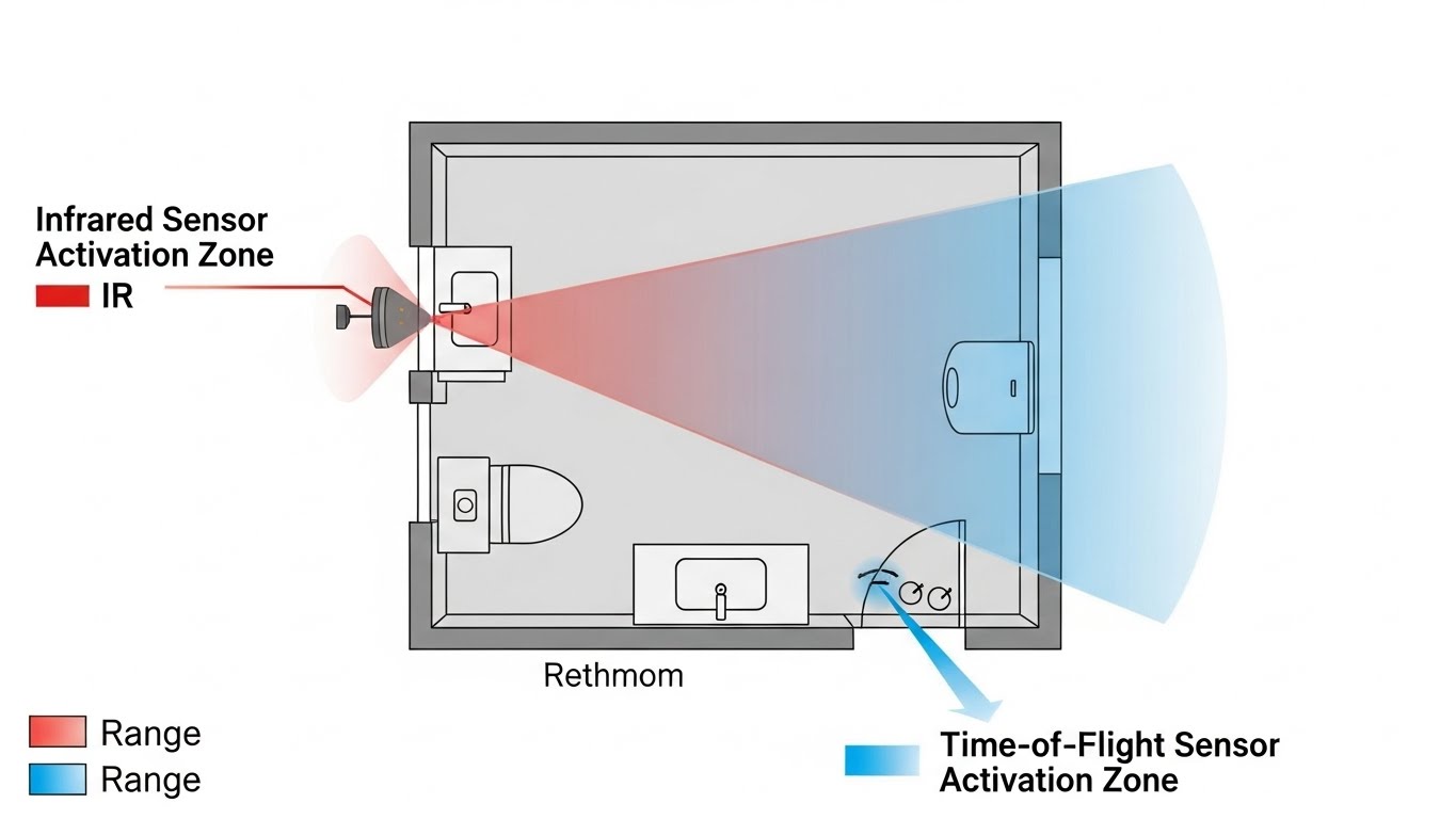 Comparison of infrared and time of flight sensing activation zones in compact restrooms