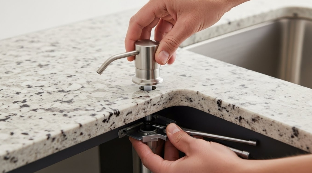 Deck mounting a soap dispenser