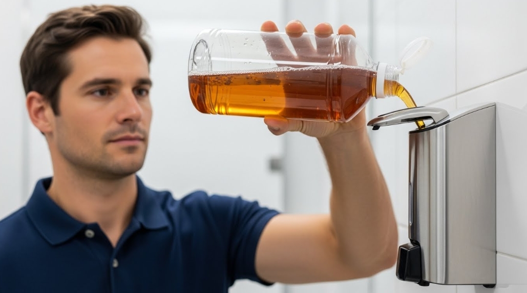 A man refilling soap dispenser