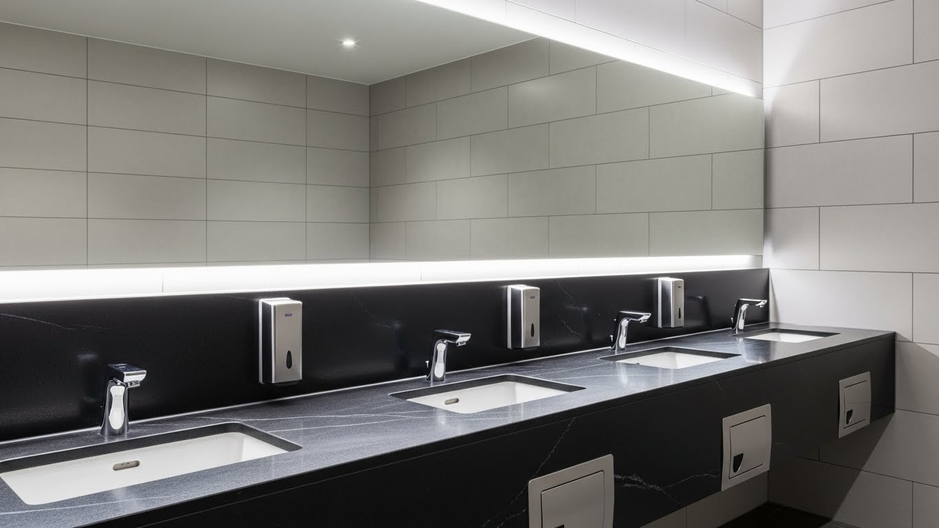 Completed commercial restroom with coordinated faucet, soap, and drying stations