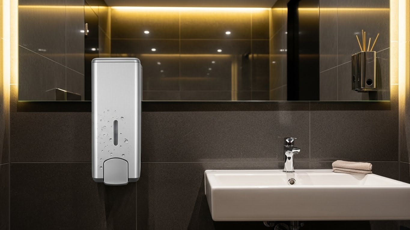 Modern restroom with soap dispenser and faucet