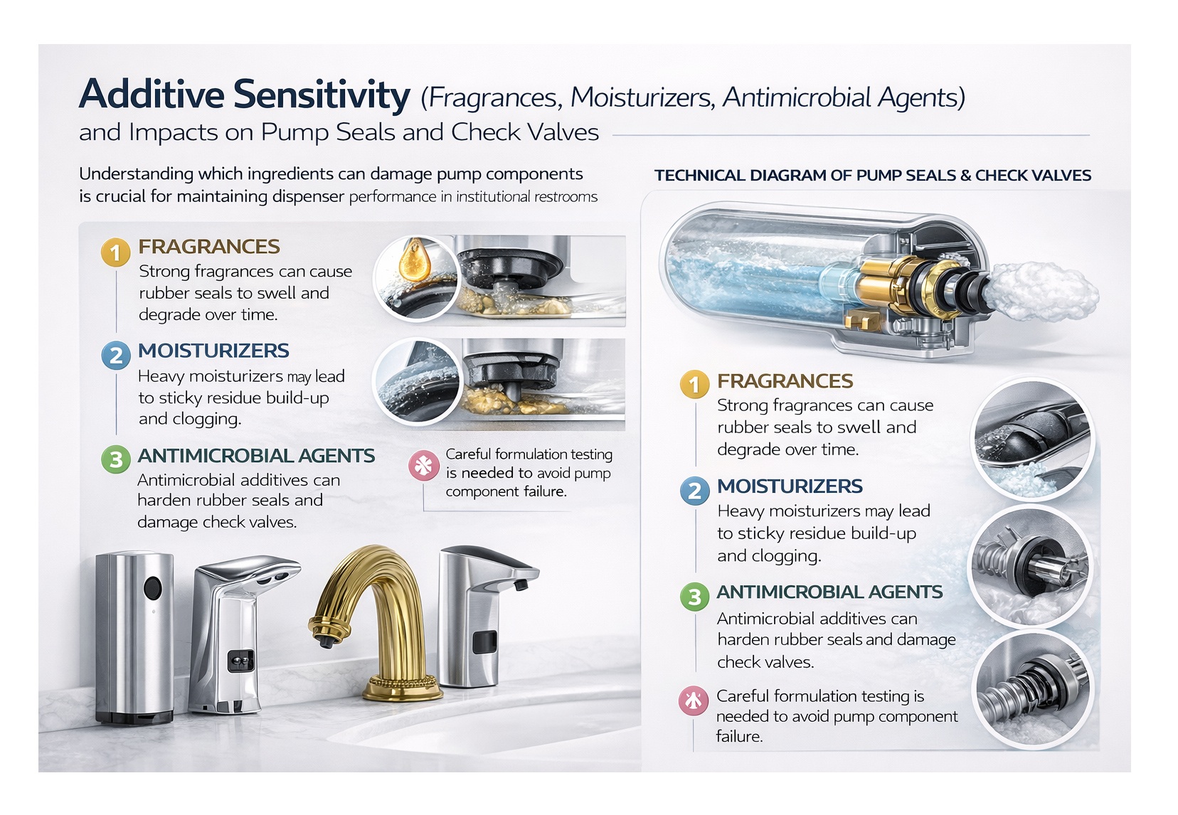 Lineup of commercial touch-free foam dispensers suitable for institutional restrooms