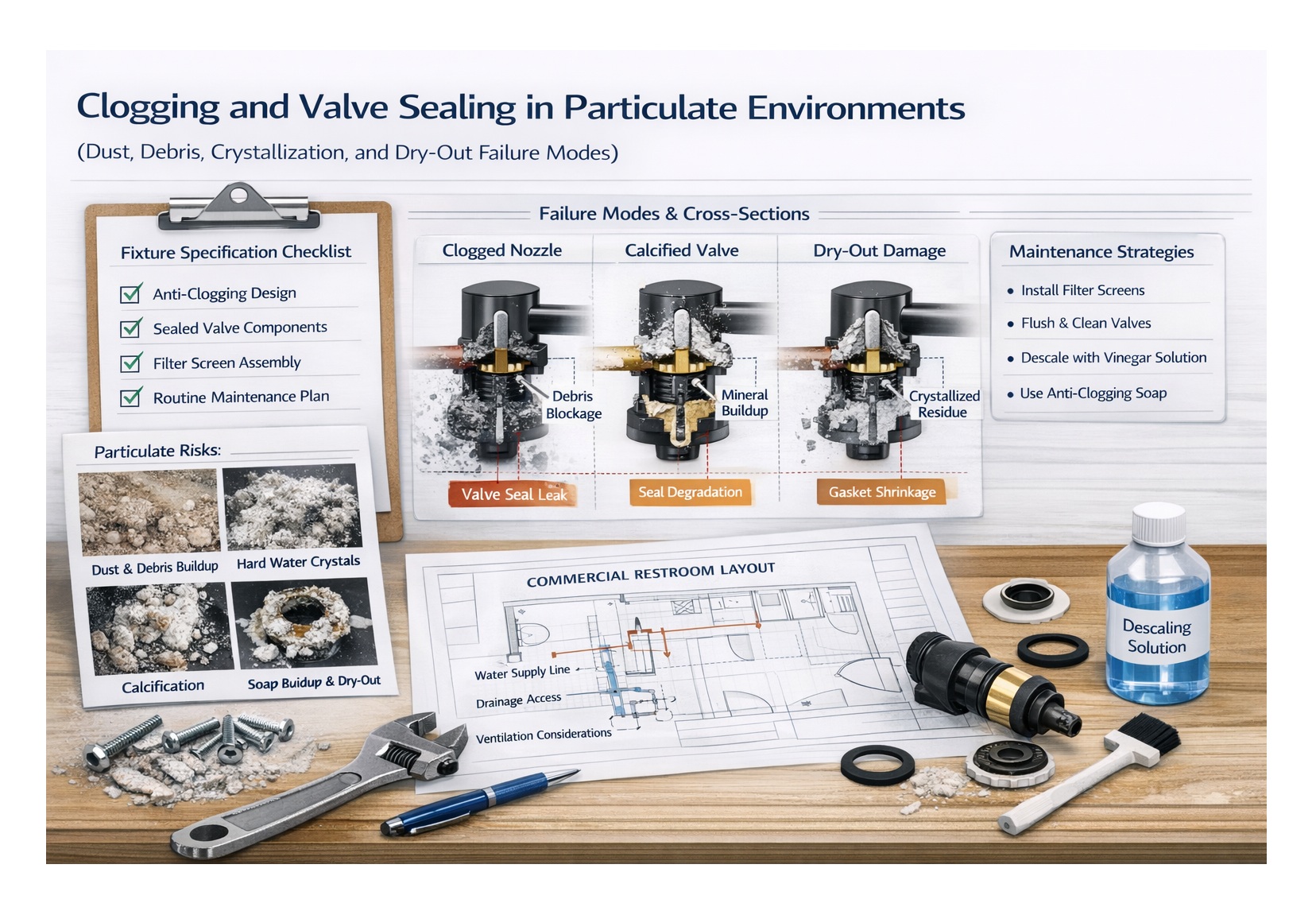 Checklist and plans on a desk for commercial restroom fixture specification