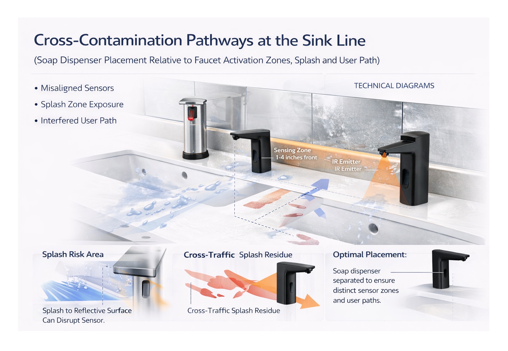 Commercial sink line with reflective backsplash materials that can affect sensor stability