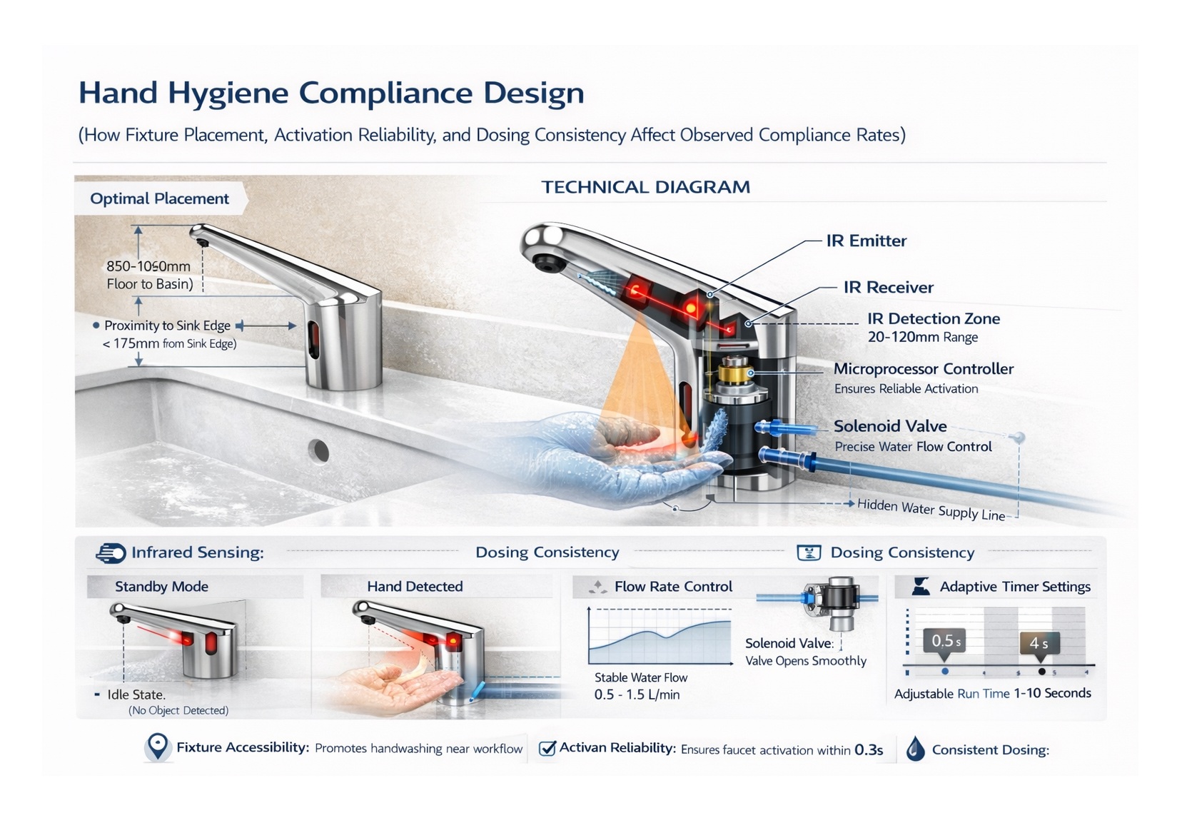 Diagram showing an IR emitter and receiver detecting a hand in the sensing zone