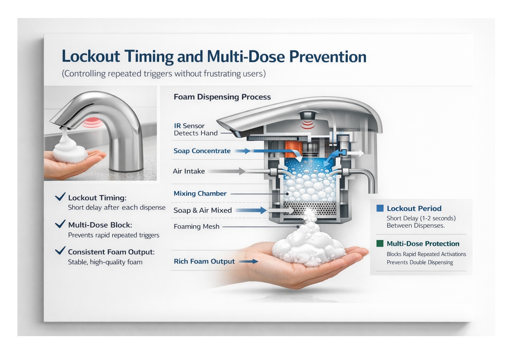 Diagram showing soap concentrate and air mixing to create stable foam output