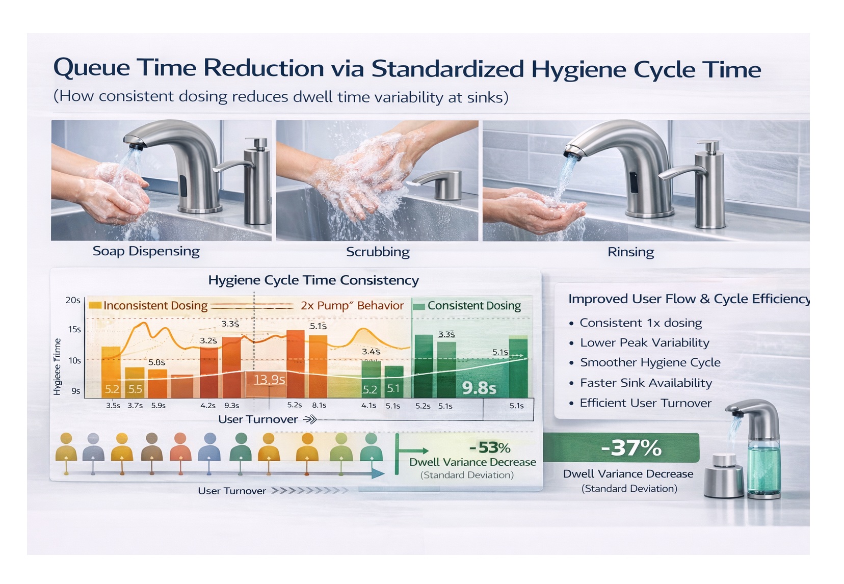 Hands being washed at a commercial sink with soap dispensing in a consistent workflow