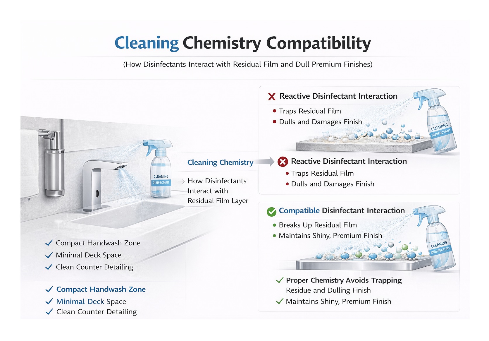 Compact handwash zone with minimal deck space and clean counter detailing