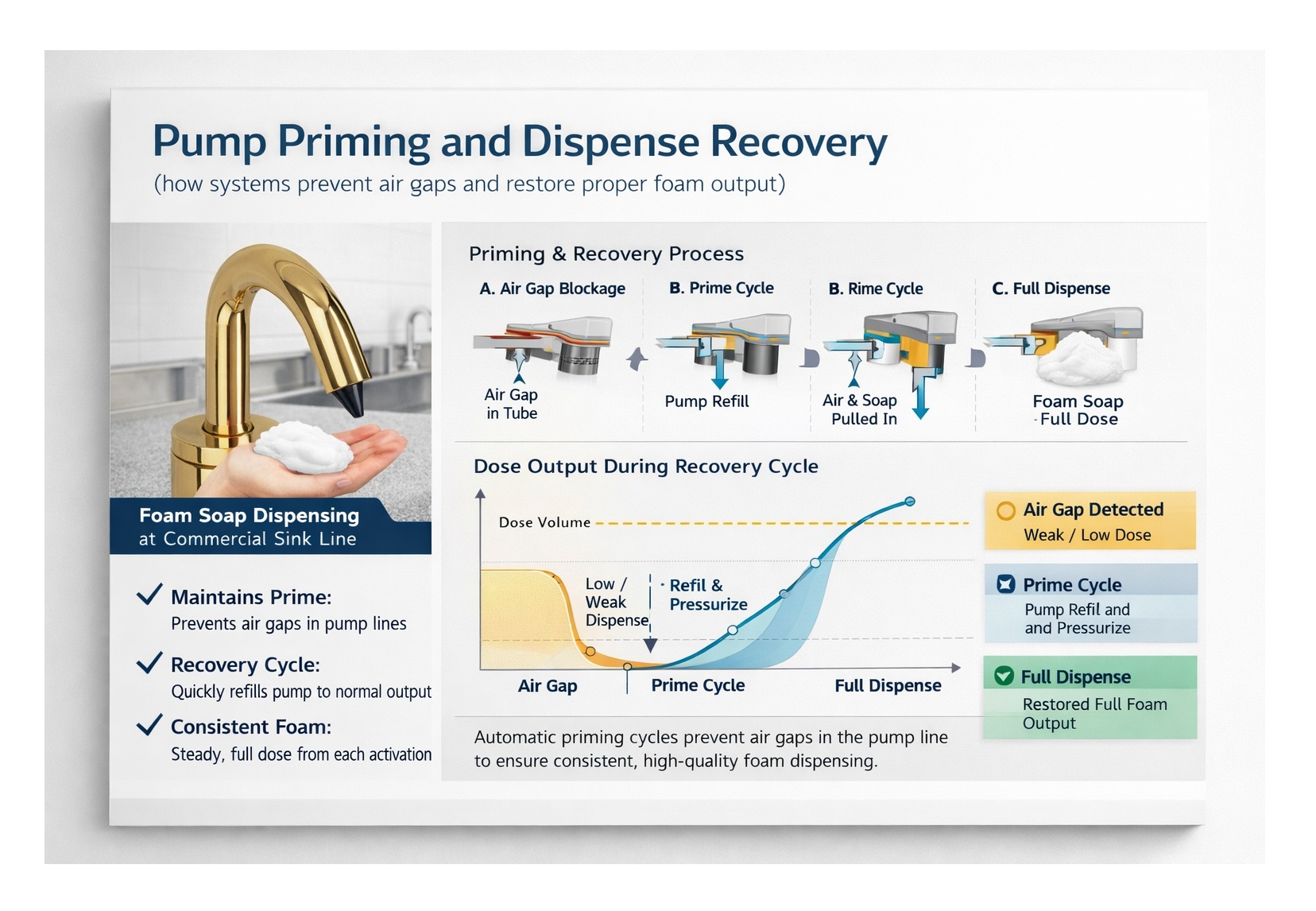 Foam soap dispensed into hands for handwashing at a commercial sink